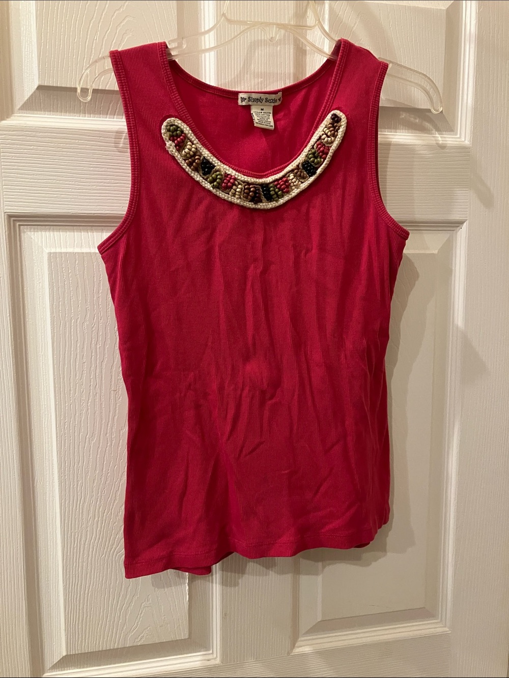 Simply Suzie Beaded Neckline Sleeveless Tank in Deep Pink